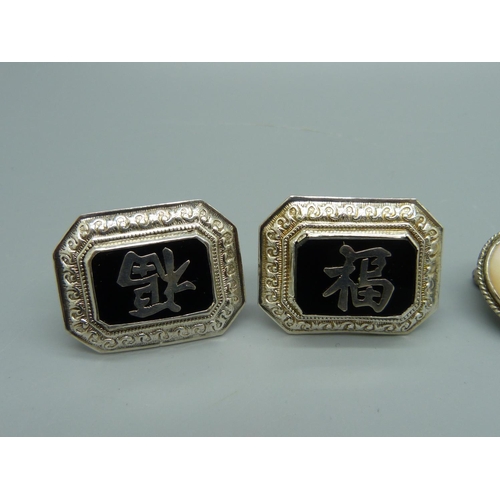 969 - Two pairs of large sterling cufflinks, marked Sterling and made in HK, one mother of pearl a/f