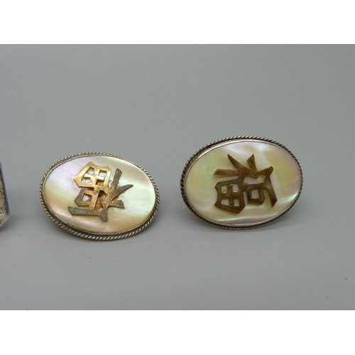 969 - Two pairs of large sterling cufflinks, marked Sterling and made in HK, one mother of pearl a/f