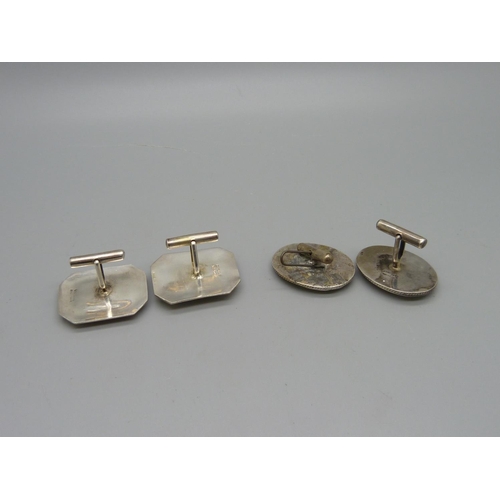 969 - Two pairs of large sterling cufflinks, marked Sterling and made in HK, one mother of pearl a/f