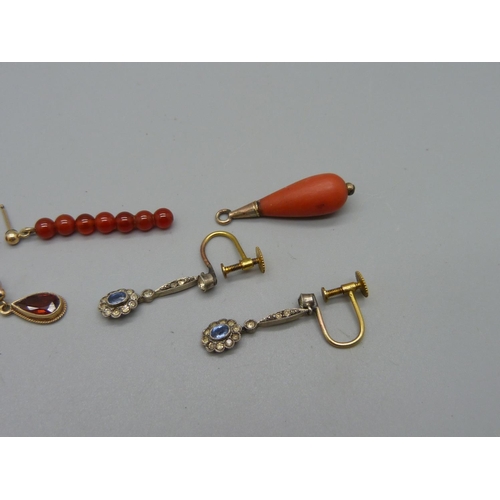 970 - A pair of 9ct gold and red stone earrings, two pairs of pendant earrings and a coral pendant