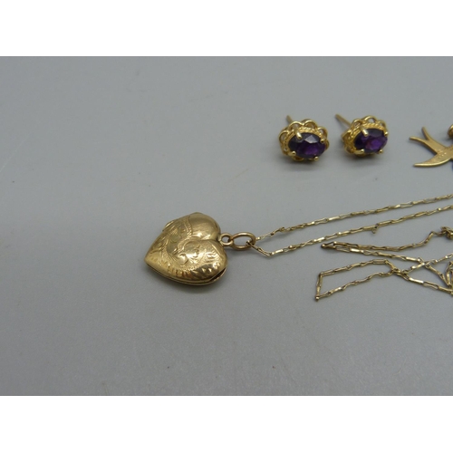 971 - A pair of 9ct gold earrings, a 9ct gold bird charm, a 9ct gold back and front heart shaped locket on... 