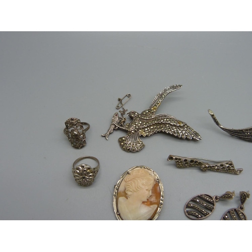 972 - A silver and marcasite eagle brooch and other marcasite set jewellery