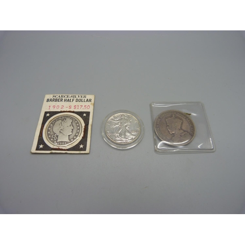 987 - Two U.S. half-dollar coins, 1902 San Francisco mint  and 1943, one Canadian one dollar coin, 1935