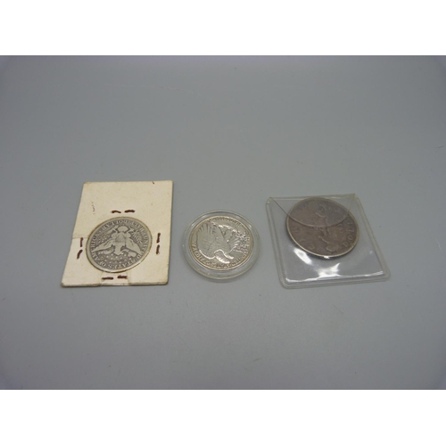 987 - Two U.S. half-dollar coins, 1902 San Francisco mint  and 1943, one Canadian one dollar coin, 1935