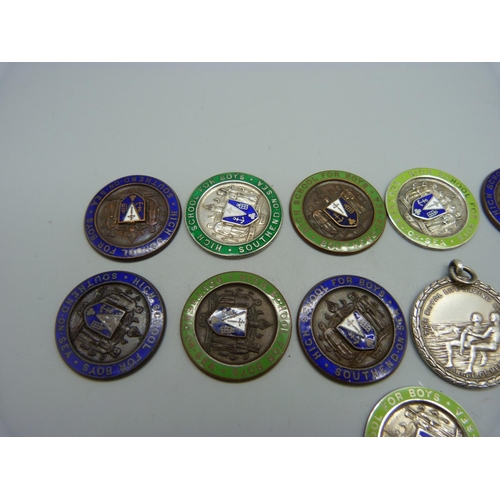 989 - A 1930's silver Life Saving medallion, three silver and enamel medallions and nine other medallions,... 