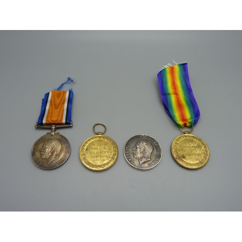 999 - Two pairs of WWI medals; 109248 Gnr. F.P. Beddows RA and T-36765 Dvr. H. Jarvis ASC, one a/f