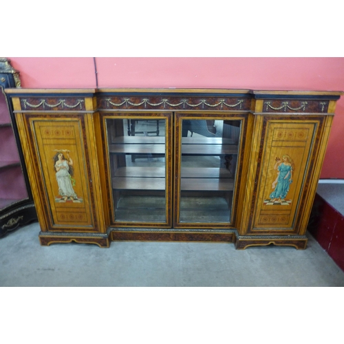 18 - A Victorian Sheraton Revival painted satinwood and amboyna breakfront side cabinet