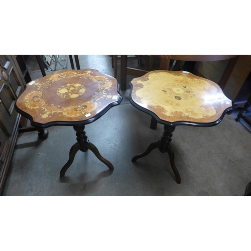 251 - A pair of Italian Sorrento ware tripod wine tables, a walnut nest of tables and a small cream metal ... 