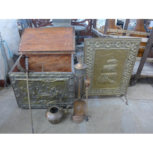 258 - A brass coal box, a spark guard and assorted brass and copperware