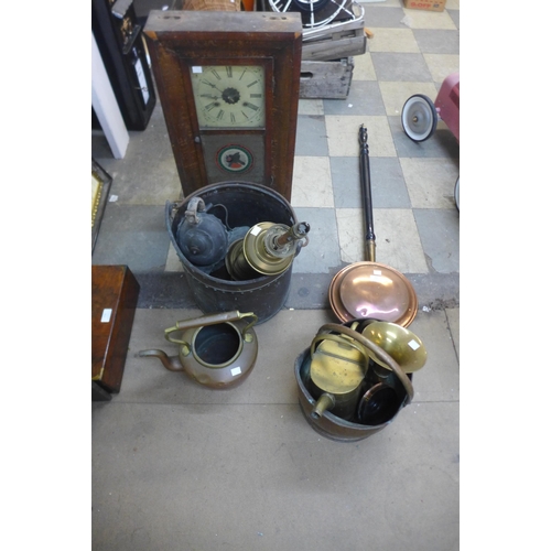 302 - A copper coal bucket, a cooker hood, a brass coal scuttle, etc.