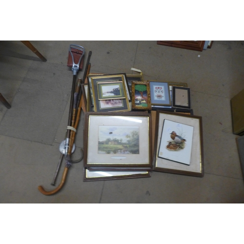 310 - Fifteen framed prints, a shooting stick, etc.