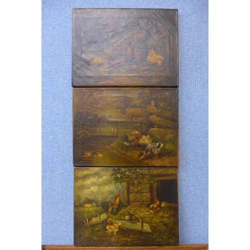 316 - Manner of Edgar Hunt, three studies of cockerels and ducks, oil on canvas, unframed