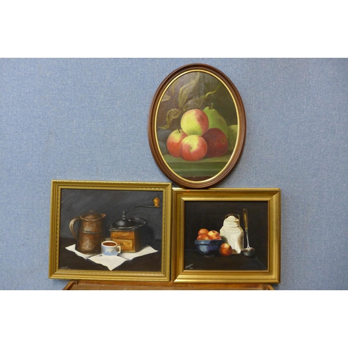 321 - Three English School still life oils on board, framed