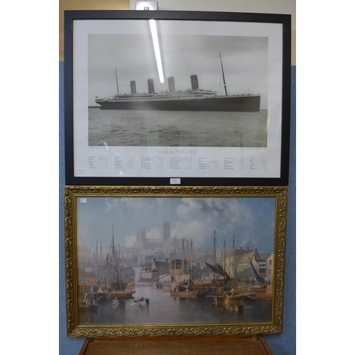 325 - A black and white print of R.M.S. Titanic and one other