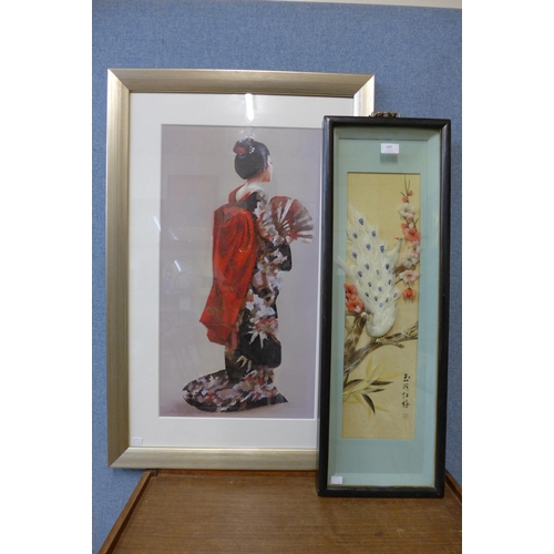 337 - A print of an oriental lady and an oriental relief plaque