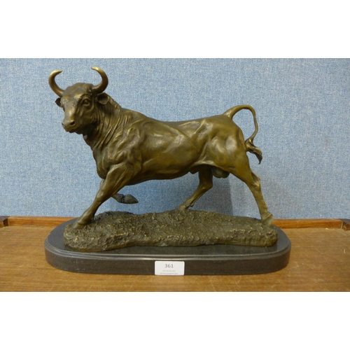 361 - A French style bronze figure of a bull, on black marble plinth