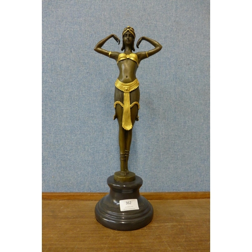 362 - Manner of Dimitri Chiparus, Art Deco style gilt bronze figure of an exotic female dancer, on black m... 