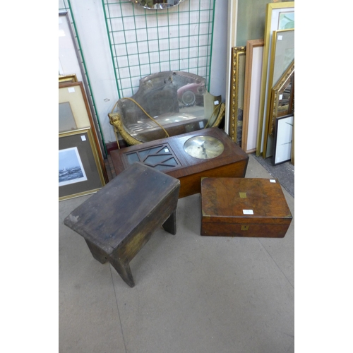 376 - A Victorian walnut writing slope, an Art Deco oak wall clock, a bevelled edge gilt framed mirror and... 