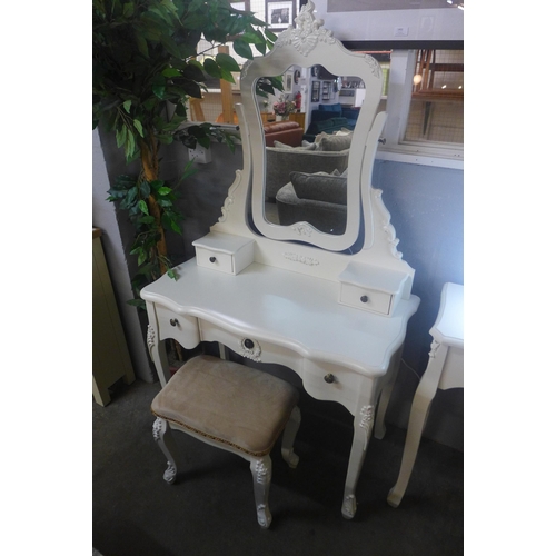 1398 - A white antique style dressing table with upholstered stool and mirror (marked)