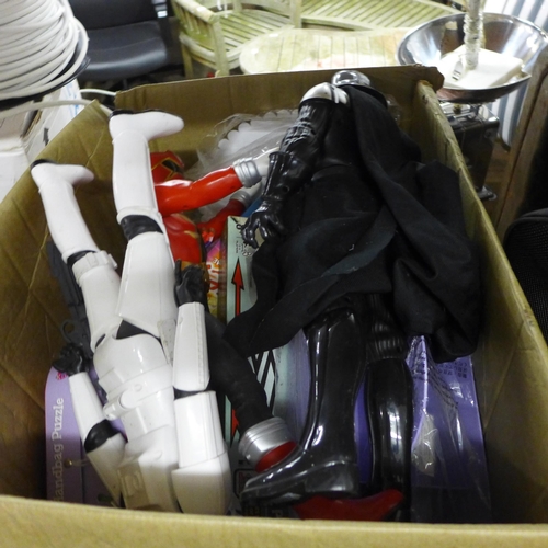 2107 - Wilson golf bag & box of toys including Star Wars & Power Rangers models with trouser press  & Slide... 