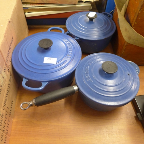 2213 - Le Creuset set of 3 blue cast iron pans & lids