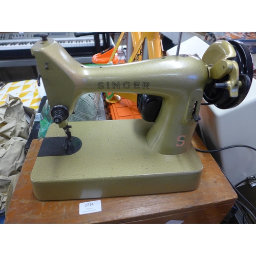 2214 - Vintage electric gold enamelled sewing machine & case