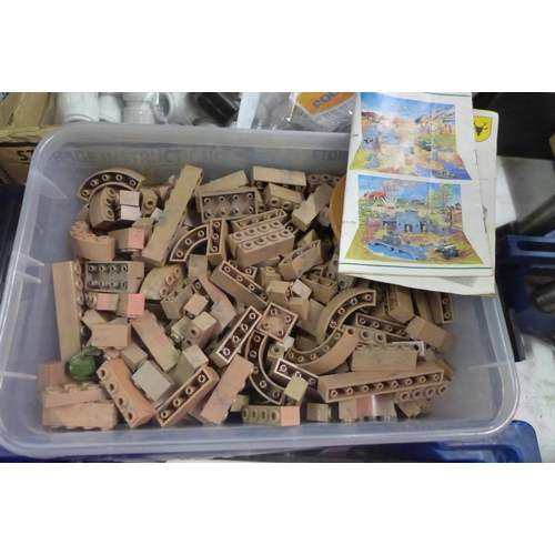 2222 - Box of block building bricks with box of assorted tools, etc.