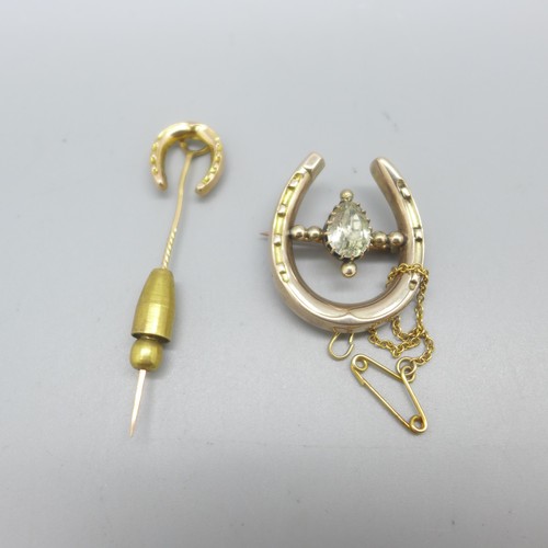 1015 - A gold horseshoe brooch and a late Victorian hallmarked 9ct gold horseshoe stick pin, brooch marked ... 