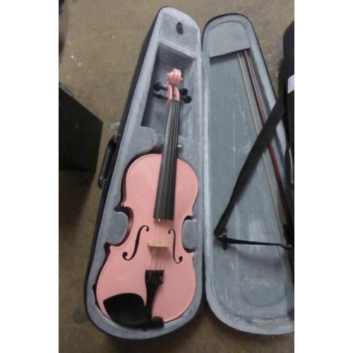 2250 - 2 Violins, one pink, one wood with bows & cases