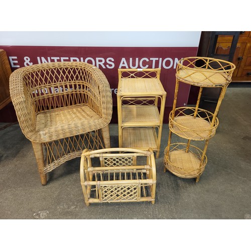 105 - A wicker chair, a magazine rack, jardiniere stand and a whatnot