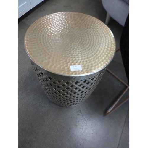 1346 - A gold cylindrical side table * This lot lot is subject to VAT