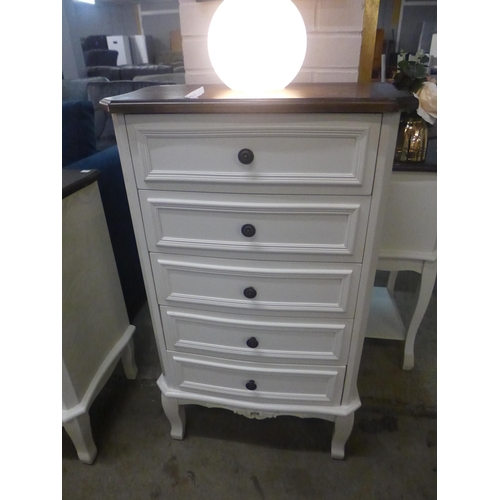 1309 - A white five drawer tallboy with contrasting top