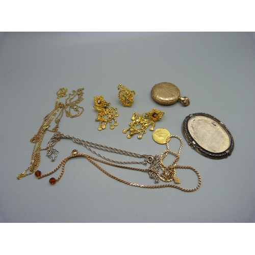 1085 - A Waltham fob watch, gold tone jewellery, etc., brooch a/f