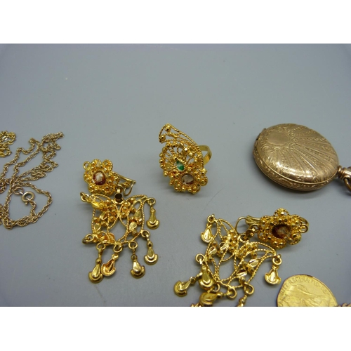 1085 - A Waltham fob watch, gold tone jewellery, etc., brooch a/f