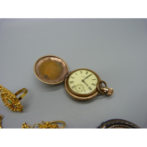 1085 - A Waltham fob watch, gold tone jewellery, etc., brooch a/f