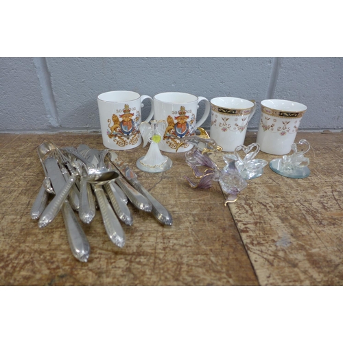 1090 - Plated flatware, five crystal figures and four mugs **PLEASE NOTE THIS LOT IS NOT ELIGIBLE FOR POSTI... 