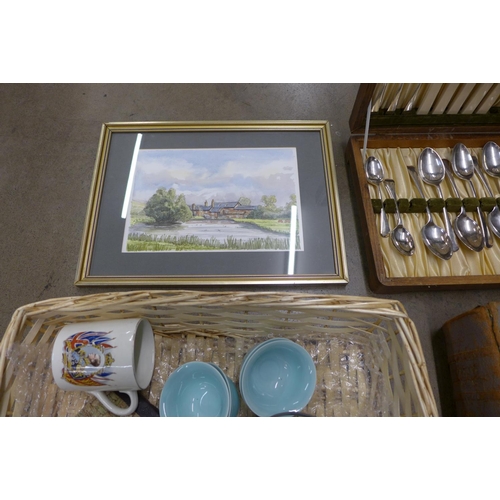 1116 - Cutlery, a framed watercolour, a Webster's Dictionary, an Edward VIII mug, a scrap book and a teapot... 