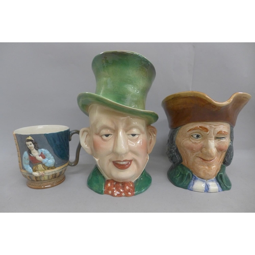 615 - A large Royal Doulton The Vicar of Bray character jug, a Beswick Micawber character jug and a Beswic... 