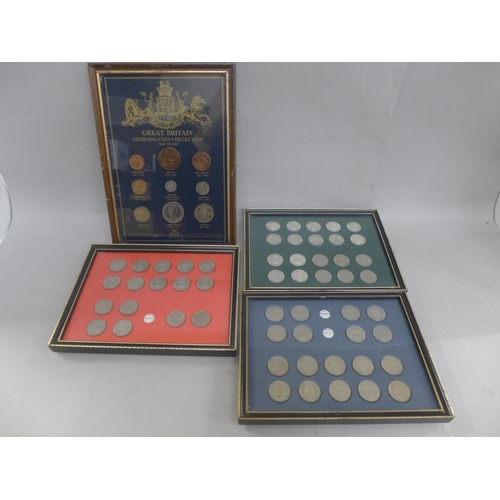 622 - Four framed collections of coins including fourteen pre-1947 shillings