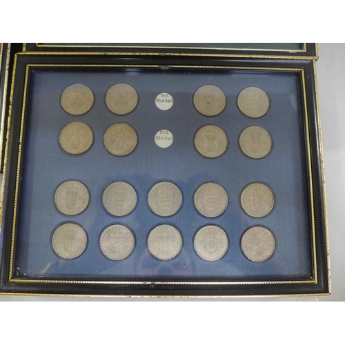 622 - Four framed collections of coins including fourteen pre-1947 shillings