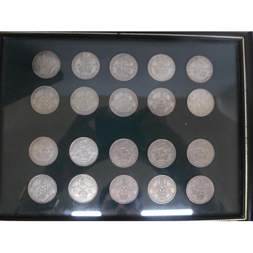 622 - Four framed collections of coins including fourteen pre-1947 shillings