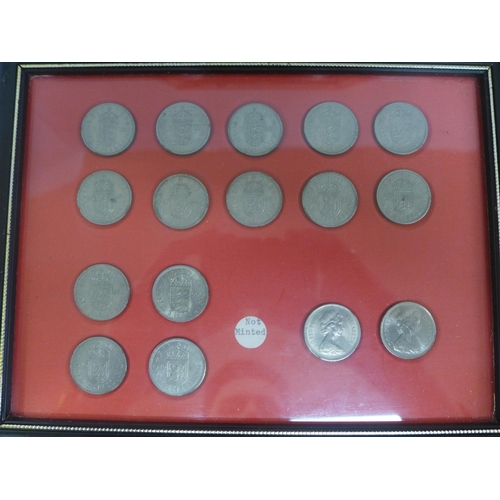 622 - Four framed collections of coins including fourteen pre-1947 shillings