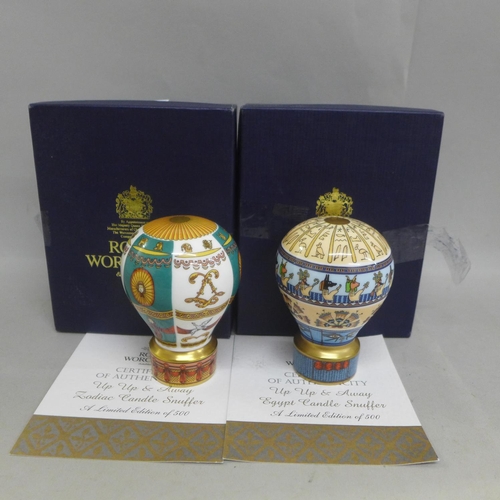 624 - Two Royal Worcester candle snuffers, Up Up and Away x2, boxed with certificates