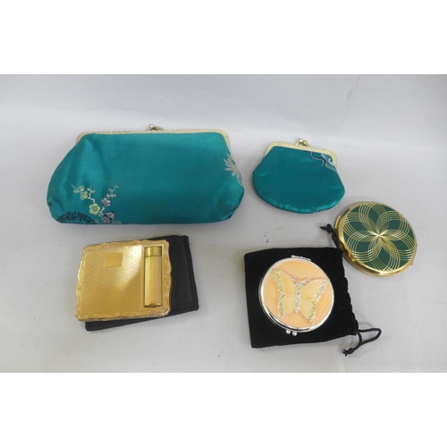 645 - A Chinese silk bag and purse with two Stratton compacts and a compact mirror - all used