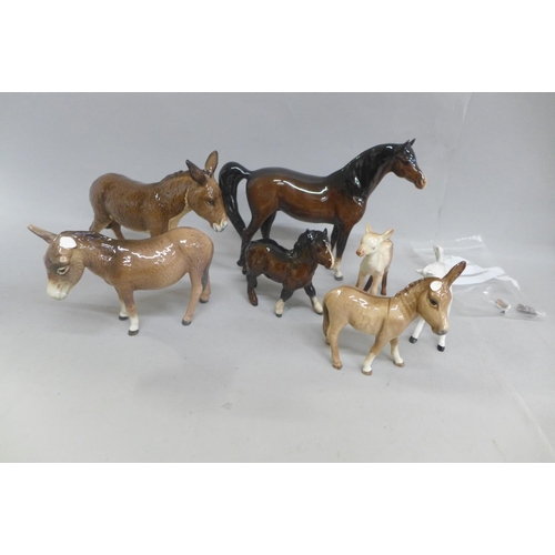 647 - Seven Beswick figures, three horses, three donkeys and a fawn, two donkeys and one foal a/f