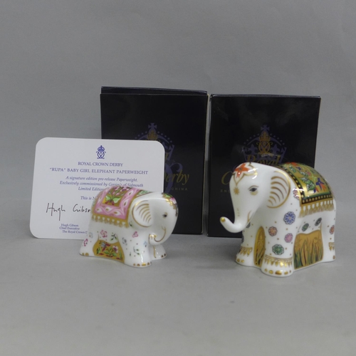 654 - Two Royal Crown Derby Elephant paperweights - Ravi (Infant Boy Elephant), 12cm, and Rupa (Baby Girl ... 