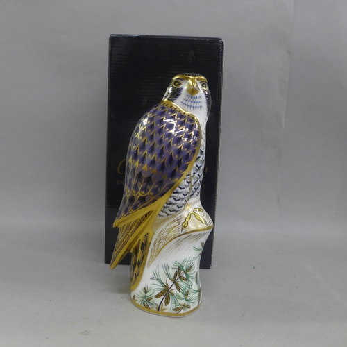 655 - A Royal Crown Derby paperweight - Peregrine Falcon, gold stopper and red Royal Crown Derby stamp on ... 