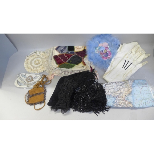 682 - A collection of items including beaded handbags, gloves, a WWII scarf map, other textiles, etc.