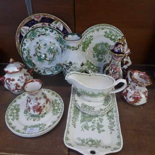 702 - A collection of Mason's Ironstone china: two Chartreuse; one vase and one plate, two Penang; one pla... 