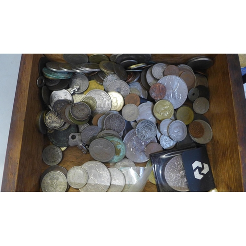 705 - An oak box with coins, bank notes, etc.